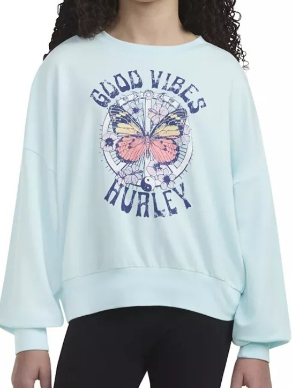 Hurley Girls Light Blue Good Vibes Butterfly French Terry Crewneck Sweatshirt XL